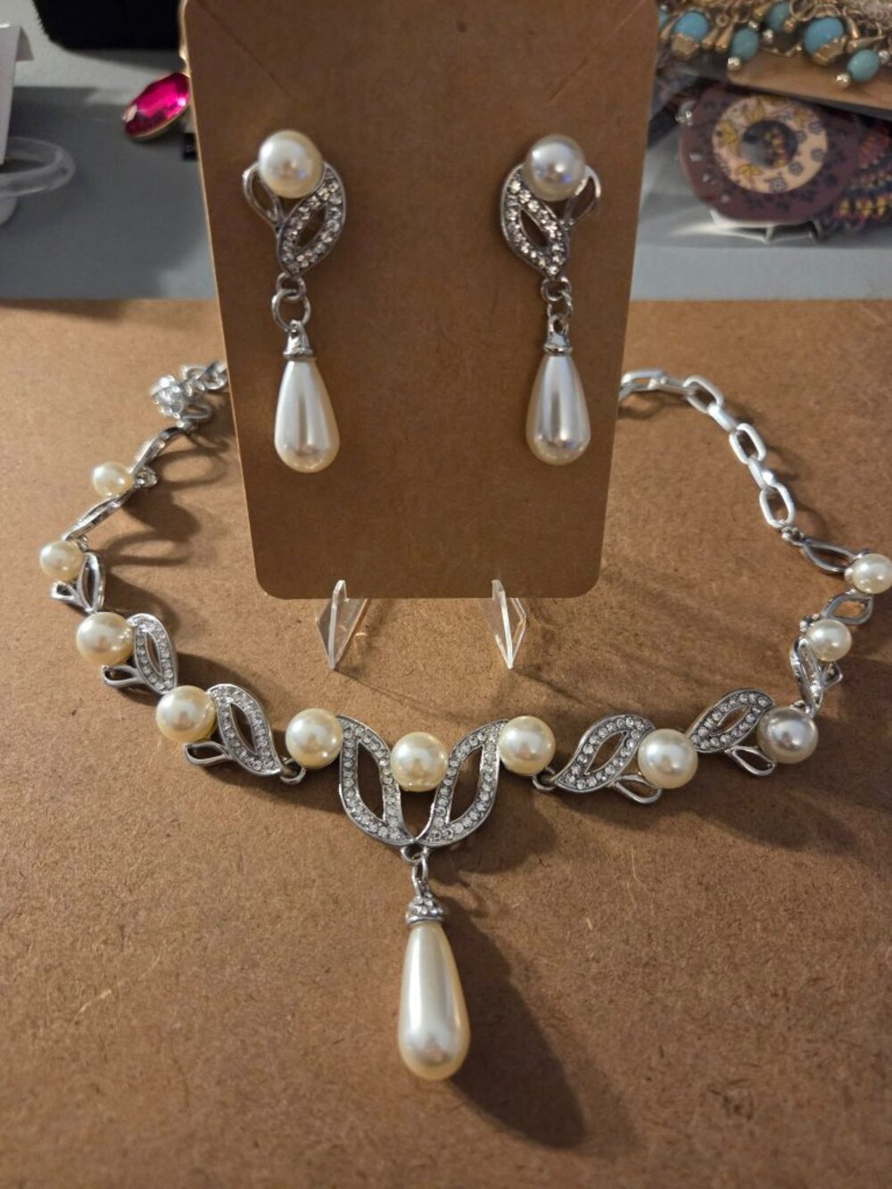 3 Pieces Sliv Plated Pearl Necklace Earrings Set Jewelry Set Wedding Jewelry Set